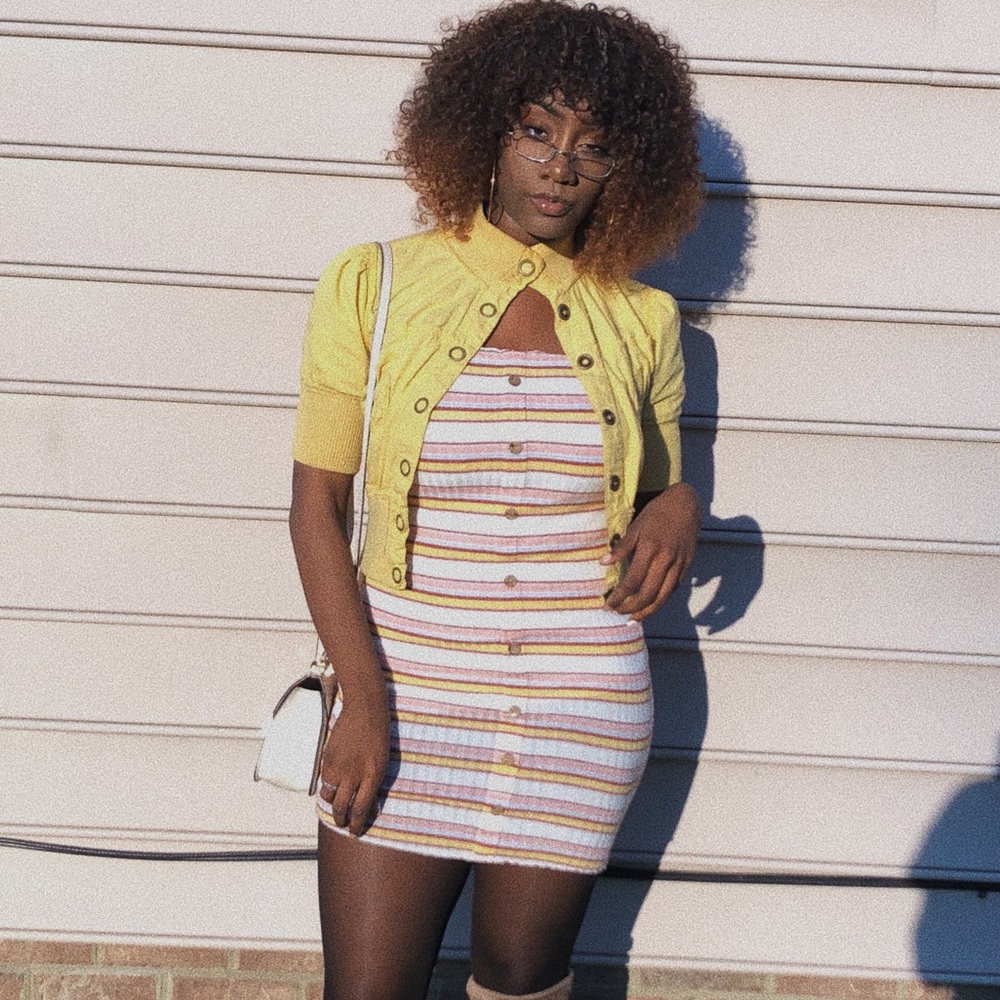 A mid rise, off the shoulder dress